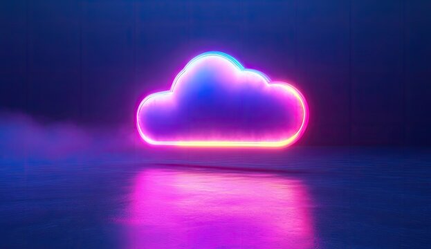 Neon cloud floats over water at night