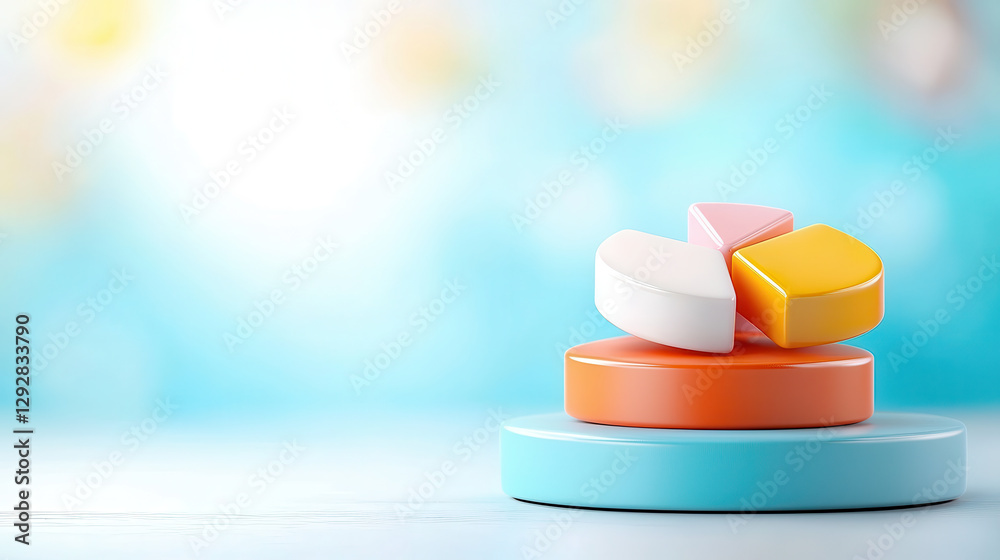 Aufkleber colorful 3D abstract infographic pie chart with five interconnected segments is displayed against blurred blue background, creating modern and dynamic visual effect
