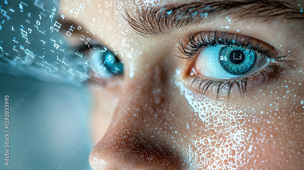 Poster close up of face with water droplets and digital elements creates futuristic and dramatic effect. bl