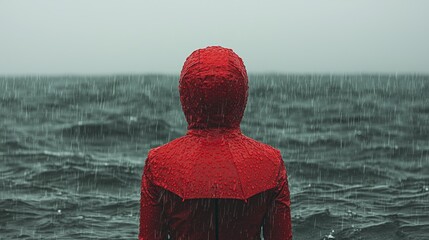 Fototapeta premium Woman in red raincoat by stormy sea