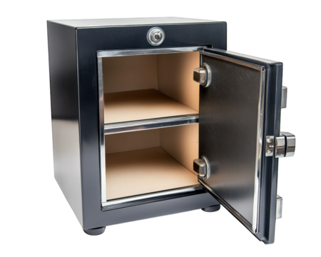 fireproof and waterproof document safe with open door, featuring two shelves for storage. This essential item provides security for important documents and valuables