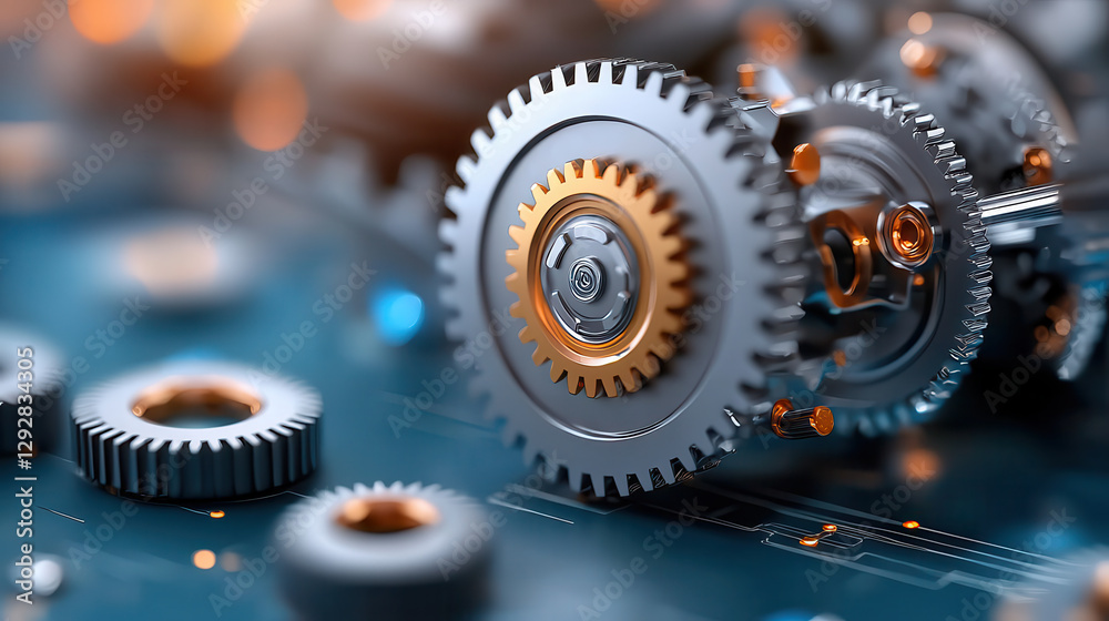 Poster Futuristic gears interlocking with precision, showcasing advanced engineering and technology. metallic components reflect innovation and mechanical design in high tech environment