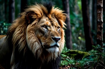 Obraz premium Majestic lion's face emerges from the shadows of a dark, mysterious forest, its eyes gleaming with an otherworldly intensity.