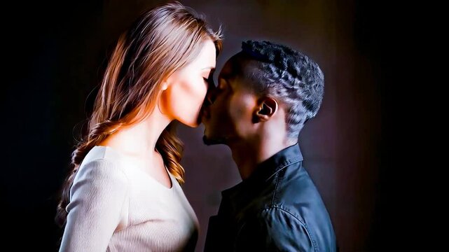 romantic kiss interracial kissing couple studio soft