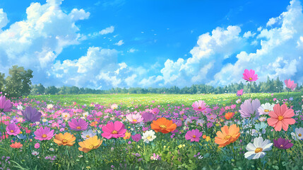 Obraz premium Bright Spring Cosmos Flowers in a Lush Green Field Under Clear Blue Sky 