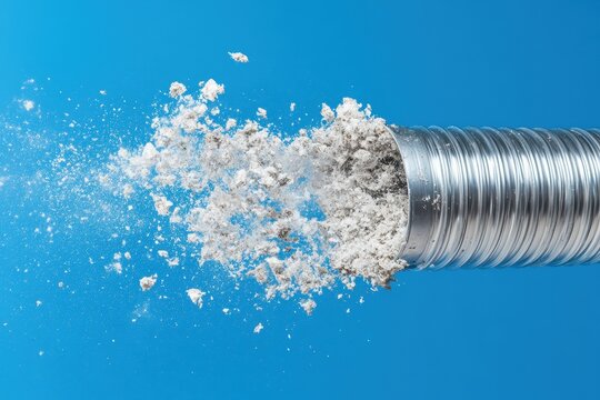 A soiled aluminum dryer vent covered in lint and dirt on a blue backdrop