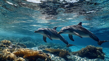 Naklejka premium Dolphins in crystal-clear tropical waters serene underwater photography of a dynamic reef environment