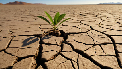 Climate Change – A dried, cracked riverbed stretching into the horizon, with a single green sapling struggling to grow.