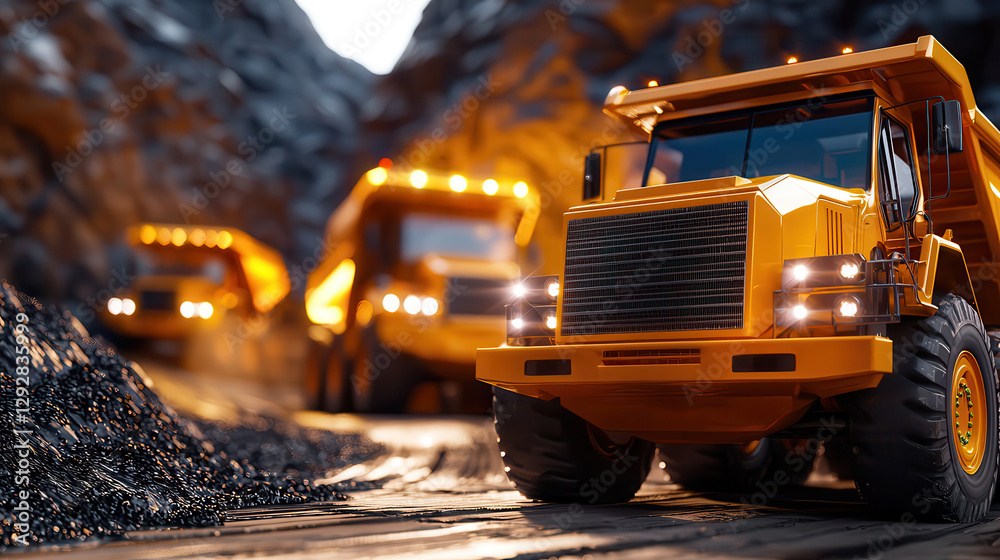 Poster futuristic mining operation with AI controlled machinery showcases advanced technology in rugged landscape, featuring large autonomous trucks transporting materials efficiently