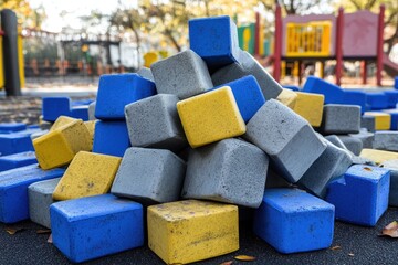 Obraz premium A stack of foam blocks in blue yellow and gray on the play area