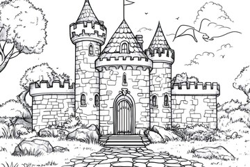 Fototapeta premium Majestic medieval castle rising above surrounding landscape in black and white