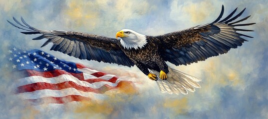 Naklejka premium Eagle and America flag background. 4th of July or America independence day. Generative AI technology.