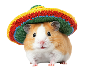 hamster wearing colorful sombrero, looking festive and cheerful. This adorable pet is ready to celebrate with vibrant hat that adds playful touch to its appearance