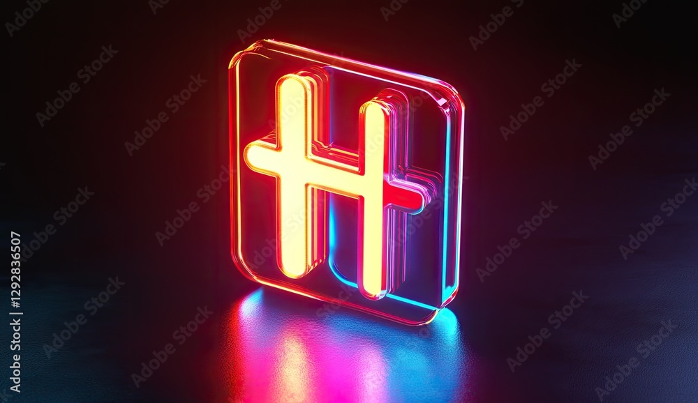 Poster neon illuminated h-shift symbol on dark reflective surface