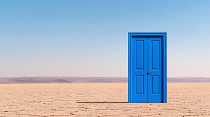 Isolated surreal open blue door standing in a vast desert, endless horizon beyond