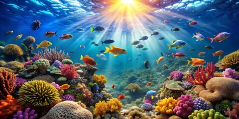 Vibrant Underwater Scene with Colorful Coral and Tropical Fish