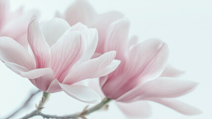 Fototapeta premium A close-up fine art photograph of soft pink magnolia flowers in full bloom, elegantly composed with a shallow depth of field