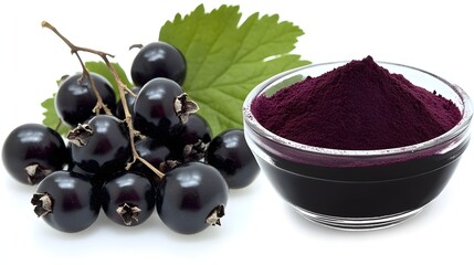 Fresh Blackcurrants and Purple Powder on a White Background for Natural Food Preparation