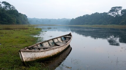 Obraz premium Lonely boat on calm lake, misty forest background, tranquil scene, nature photography