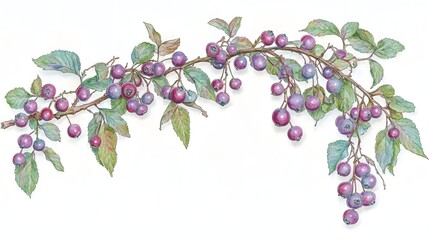 Vibrant Botanical Illustration of a Vine with Purple Berries and Green Leaves on White Background