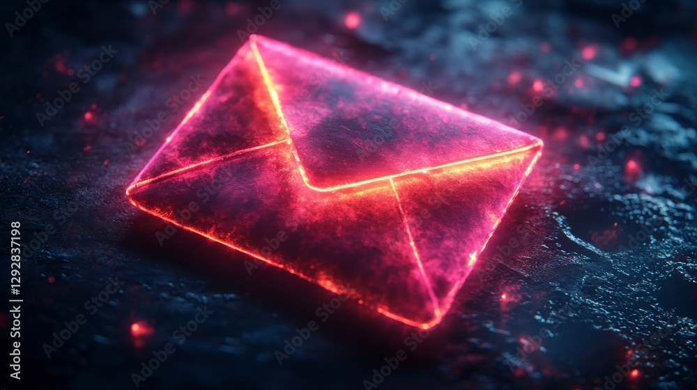 Poster neon glowing envelope on dark textured surface, futuristic communication symbol. digital letter and 