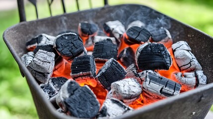 Close Up of Glowing Charcoal Coals with Smoke in a Grill Ready for Outdoor Barbecue Cooking