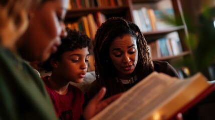 Obraz premium Family Reading Time: A heartwarming scene of a mother, grandmother and child engrossed in a book together, fostering a love of reading and creating cherished memories.