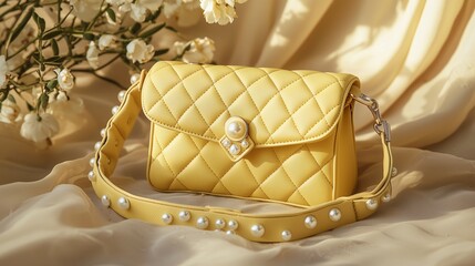 Elegant butter yellow fashion design showcasing a chic quilted handbag adorned with pearls against a soft backdrop