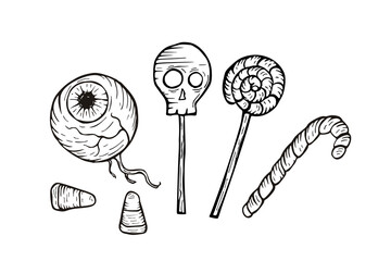 eyeball candy, skull lollipop, and sweets halloween vector illustration