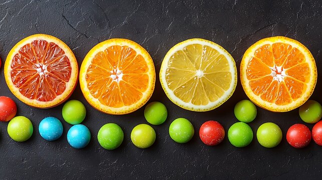 Colorful citrus slices and candies on dark background; food photography for website or recipe book