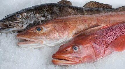 Fresh Variety of Fish Displayed on Ice in a Seafood Market Setting