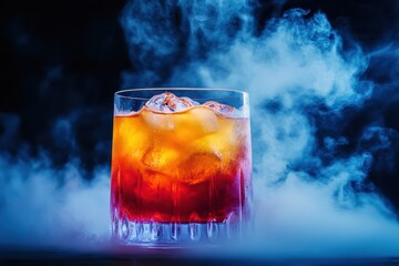 An eye catching drink featuring dry ice vibrant colors and a transparent appearance in dim light and shadows