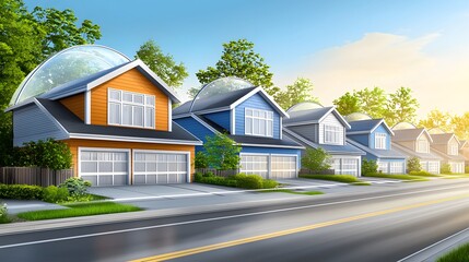 Modern Residential Neighborhood with Eco-Friendly Solar Energy Homes at Sunrise