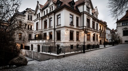 Fototapeta premium Historic elegance of classic european architecture in urban setting amidst cobblestone streets at dusk