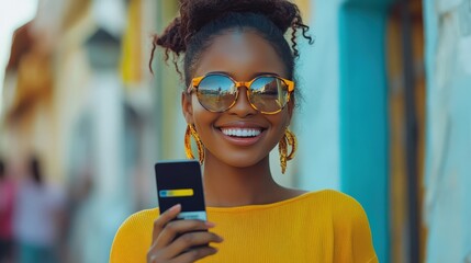 Cheerful Young Black Woman with Curly Hair in Yellow Outfit Smiling While Holding a Smartphone in a Vibrant Urban Setting