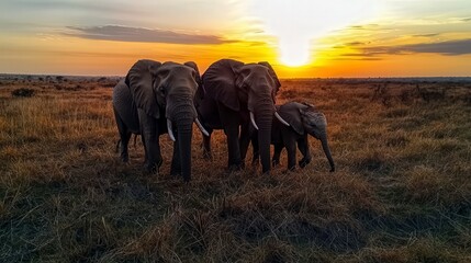 Fototapeta premium Elephants walking across savannah at sunset africa wildlife photography warm environment scenic view nature concept