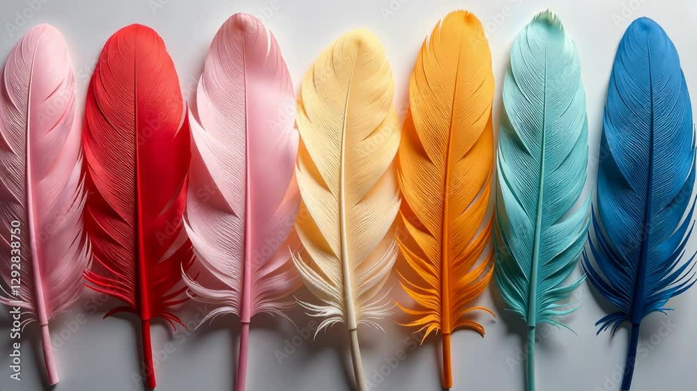 Poster a row of colorful feathers, including red, yellow, and blue. the feathers are arranged in a line