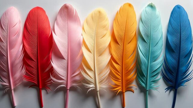 A row of colorful feathers, including red, yellow, and blue. The feathers are arranged in a line