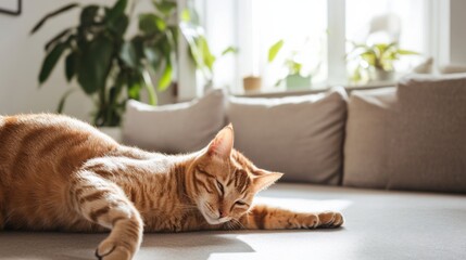 Hypertension patient stretching in a bright living room for stress relief. Featuring physical wellness and relaxation