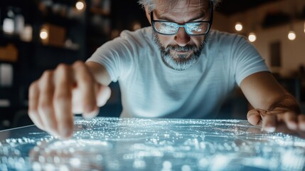 Focused Senior Man Analyzing Digital Map with Glasses in a Modern Workspace at Night, Engaging in Mapping Technology and Geographic Exploration