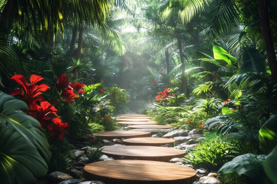 Fototapeta Wooden path winding through lush tropical jungle with red flowers