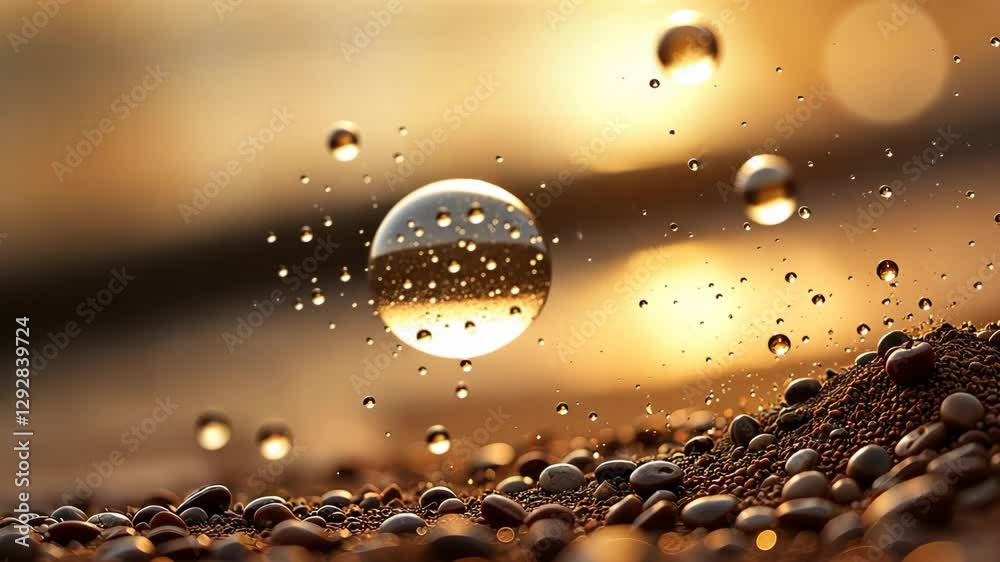 Poster a blurry image of a rocky surface with water droplets on it. the water droplets are scattered all ov