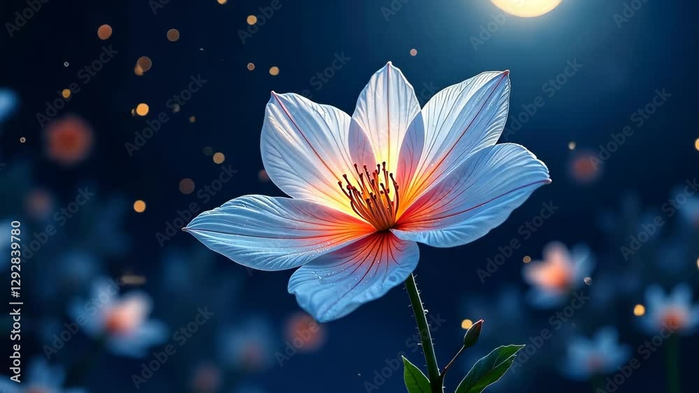 Aufkleber a white flower with a yellow center. the flower is surrounded by a blue background. the background i