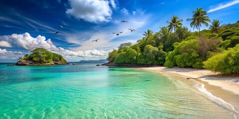 Fototapeta premium Tropical Beach Paradise with Clear Water and Lush Greenery