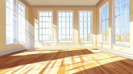 Bright and Spacious Room with Large Windows and Sunlight Streaming In