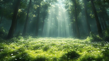Fototapeta premium Sunbeams pierce misty forest, illuminating wildflowers
