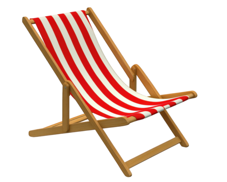 classic beach chair with red and white stripes, perfect for relaxation. This stylish chair features wooden frame and comfortable design, ideal for sunny days by sea