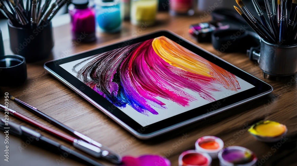 Poster digital painting creation process artist workspace visual art creative environment close-up perspect