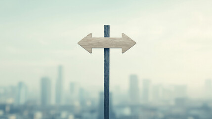 Direction Decision: A wooden directional signpost with arrows pointing in opposite directions stands prominently against a blurred cityscape background, suggesting choices and pathways. 