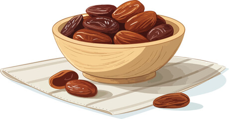 Dates in wooden bowl on table in white background Illustration vector design
